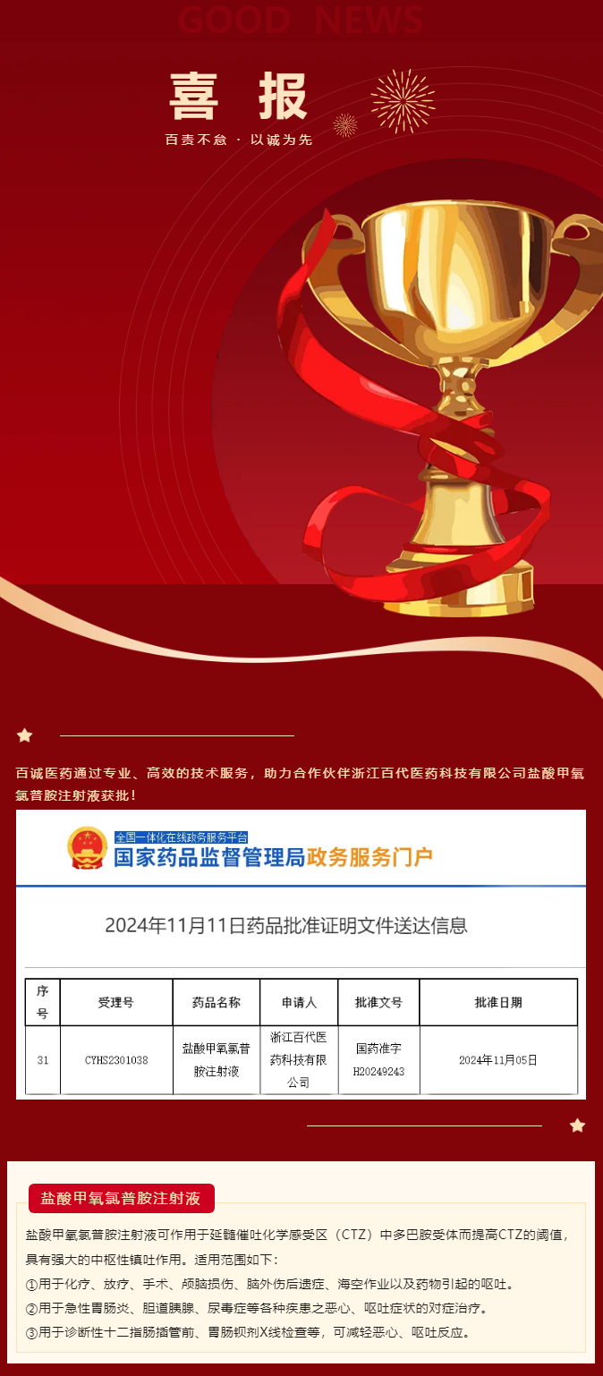 喜報！百誠醫(yī)藥助力合作伙伴鹽酸甲氧氯普胺注射液獲批！.png